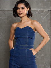 Women Navy Blue Denim Off Shoulder Jumpsuit-SFJMPS8334