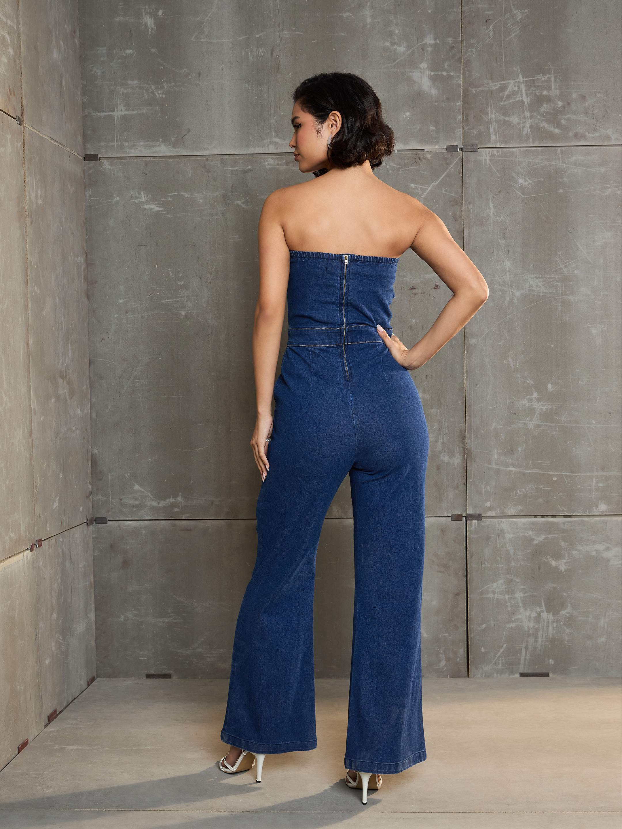 Women Navy Blue Denim Off Shoulder Jumpsuit-SFJMPS8334