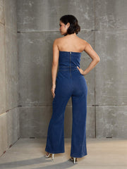Women Navy Blue Denim Off Shoulder Jumpsuit-SFJMPS8334