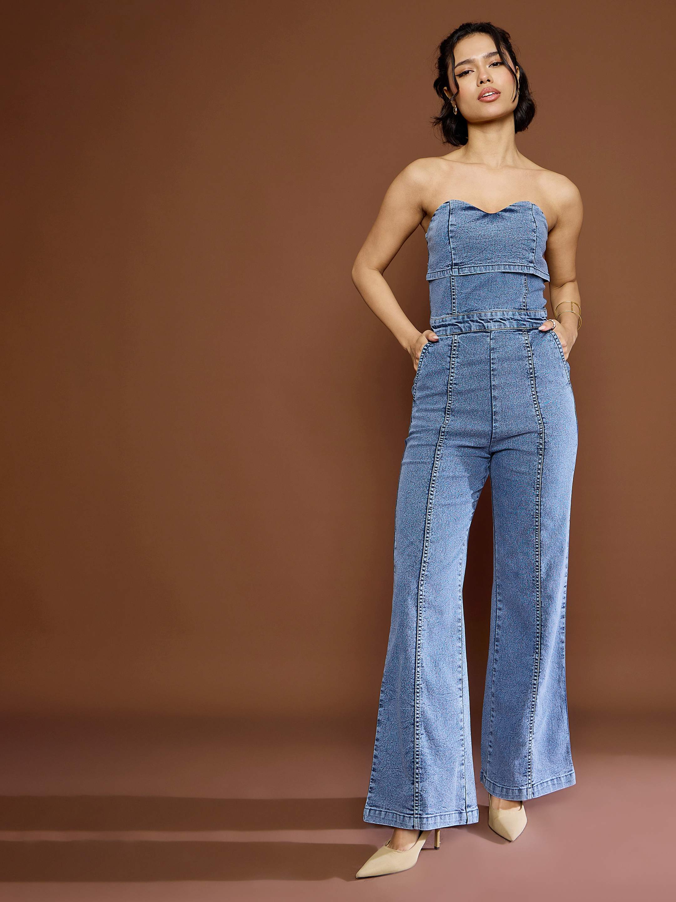 Women Blue Blast Denim Off Shoulder Jumpsuit-SFJMPS8335