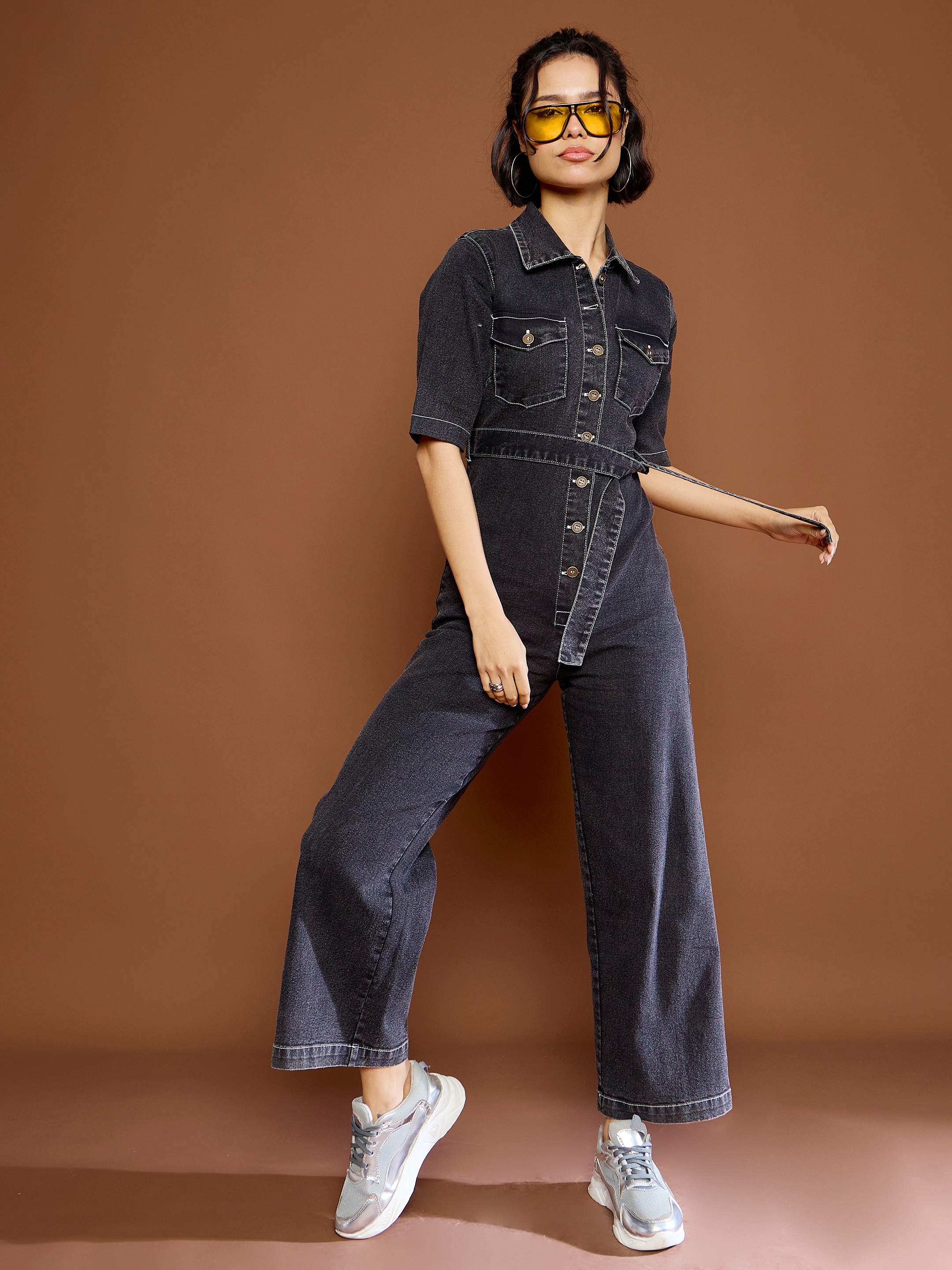 Women Black Washed Denim Short Sleeve Jumpsuit-SFJMPS8336