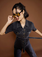 Women Black Washed Denim Short Sleeve Jumpsuit-SFJMPS8336