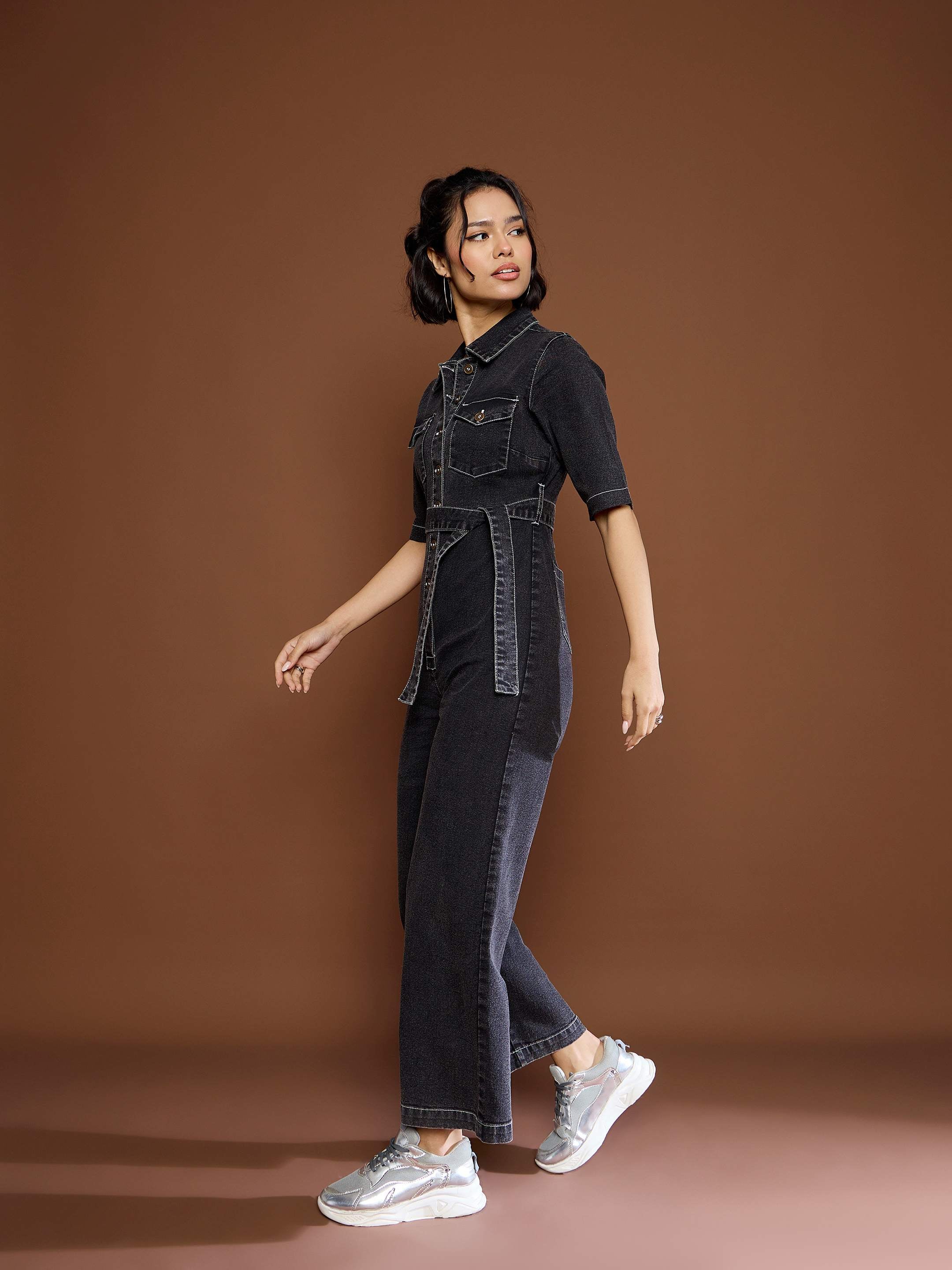 Women Black Washed Denim Short Sleeve Jumpsuit-SFJMPS8336