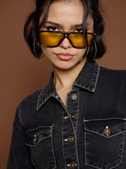 Women Black Washed Denim Short Sleeve Jumpsuit-SFJMPS8336