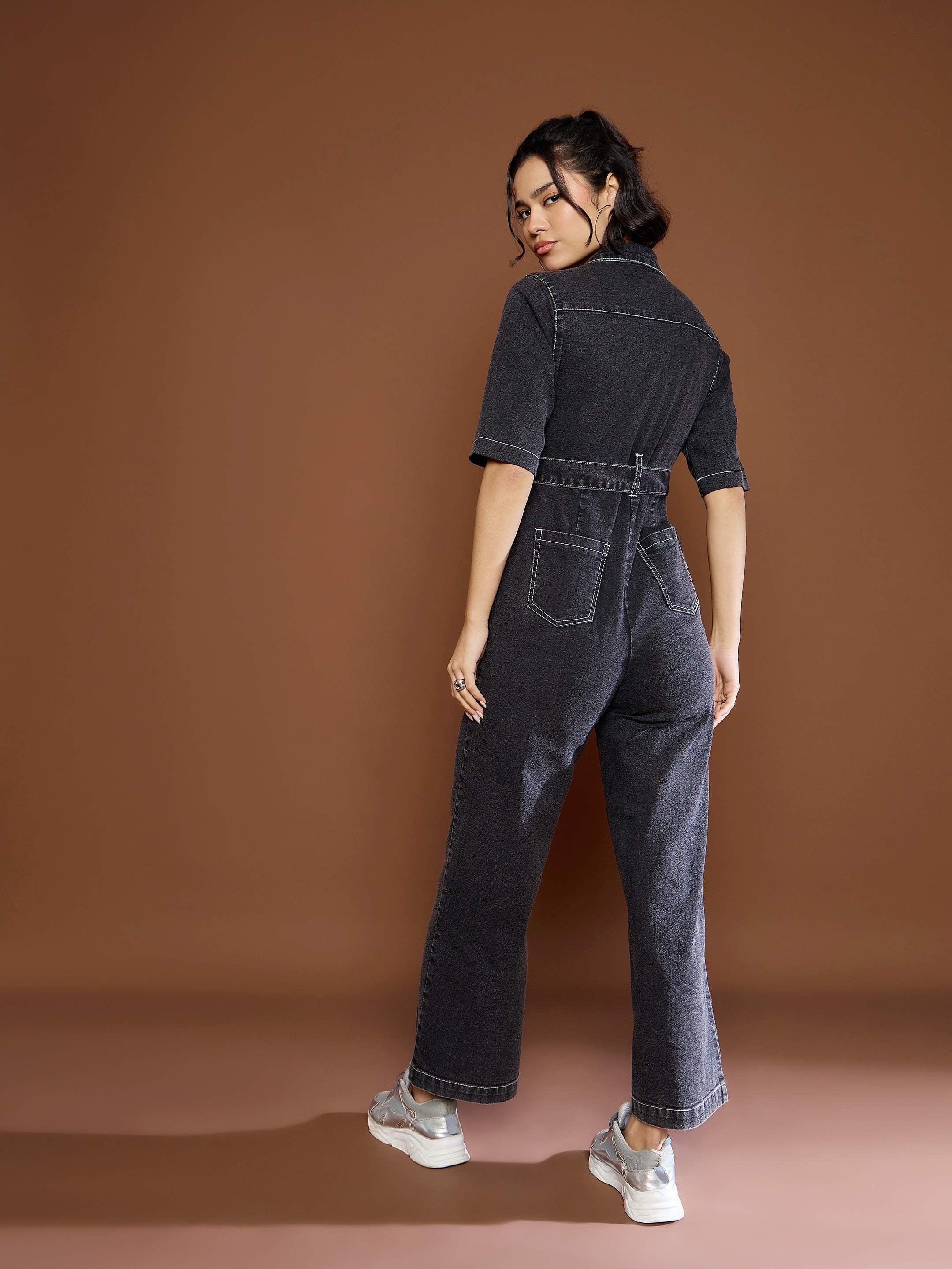 Women Black Washed Denim Short Sleeve Jumpsuit-SFJMPS8336