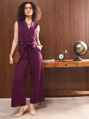 Women Purple Shawl Collar Front Tie Belted Jumpsuit-SFJMPS8341