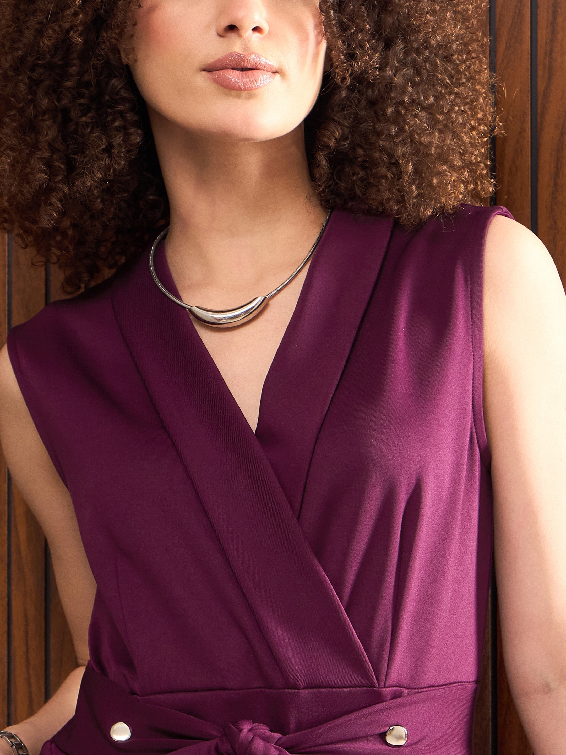 Women Purple Shawl Collar Front Tie Belted Jumpsuit-SFJMPS8341