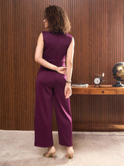 Women Purple Shawl Collar Front Tie Belted Jumpsuit-SFJMPS8341
