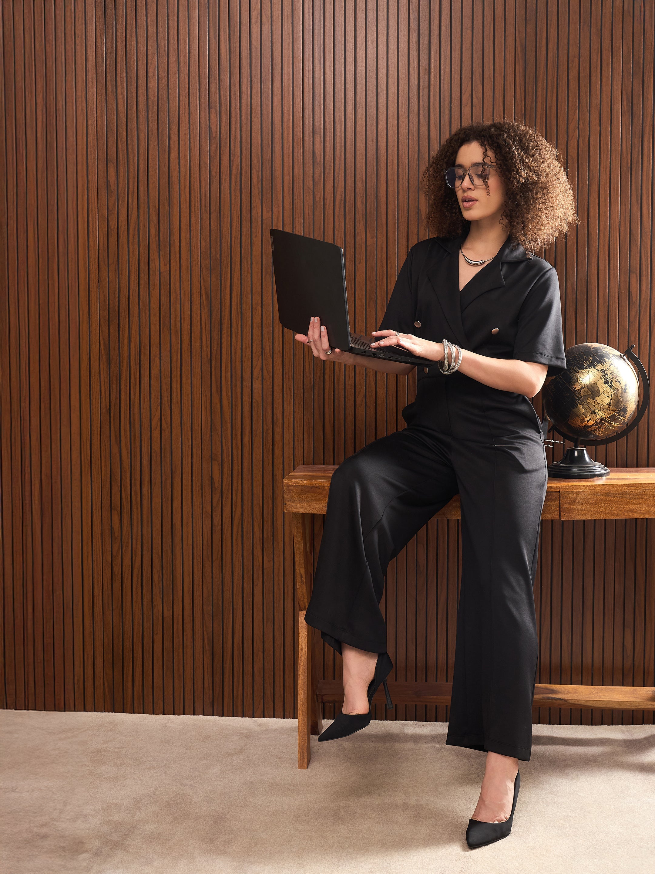 Women Black Notch Collar Short Sleeve Jumpsuit-SFJMPS8342
