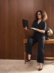 Women Black Notch Collar Short Sleeve Jumpsuit-SFJMPS8342