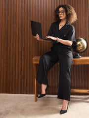 Women Black Notch Collar Short Sleeve Jumpsuit-SFJMPS8342