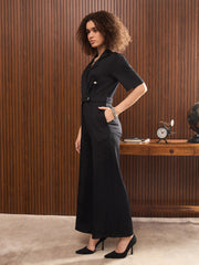 Women Black Notch Collar Short Sleeve Jumpsuit-SFJMPS8342