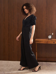 Women Black Side Pocket Puff Sleeves Jumpsuit-SFJMPS8344