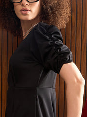 Women Black Side Pocket Puff Sleeves Jumpsuit-SFJMPS8344