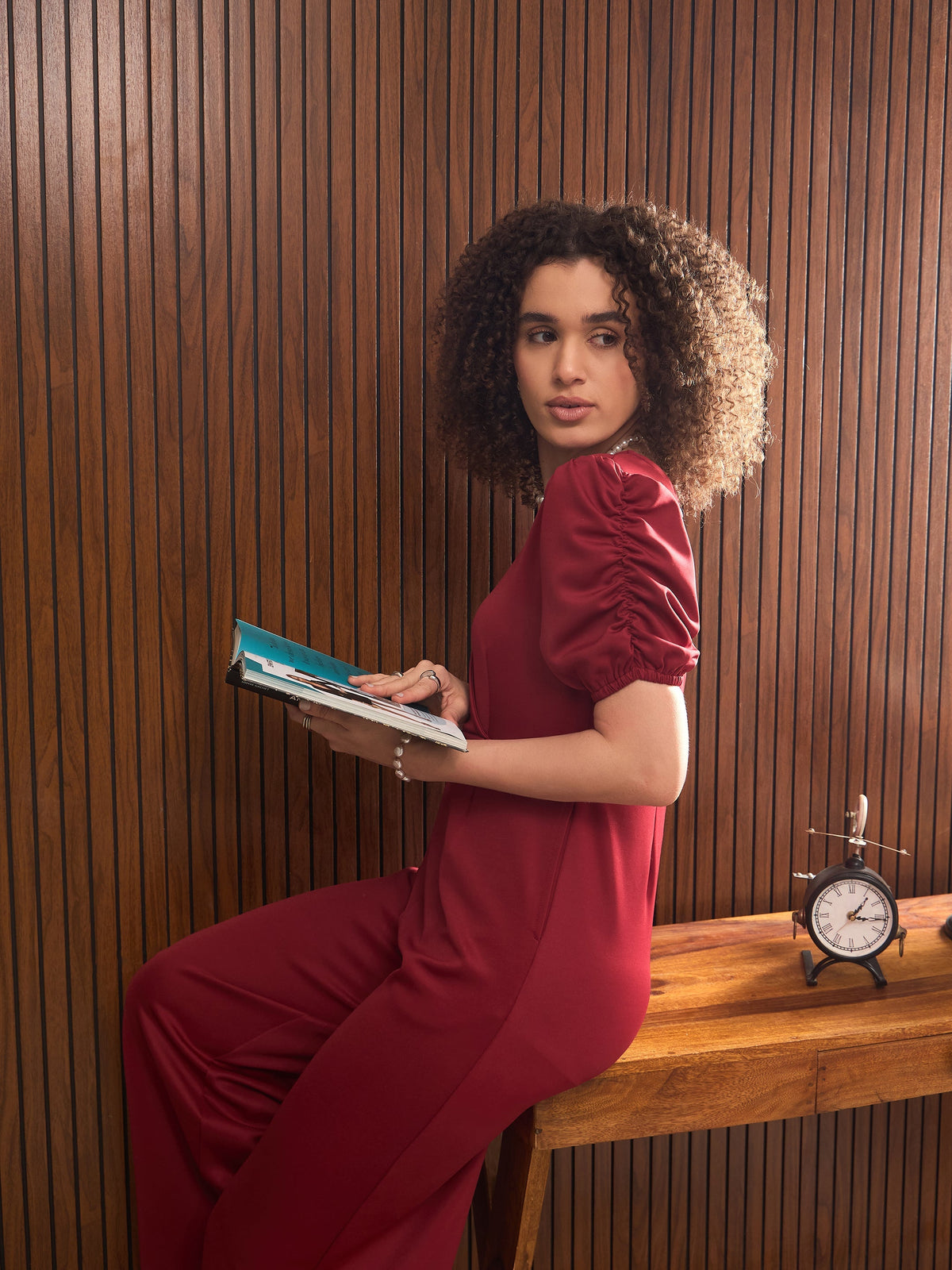 Women Maroon Side Pocket Puff Sleeves Jumpsuit-SFJMPS8345