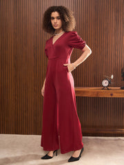 Women Maroon Side Pocket Puff Sleeves Jumpsuit-SFJMPS8345