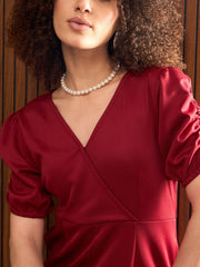 Women Maroon Side Pocket Puff Sleeves Jumpsuit-SFJMPS8345