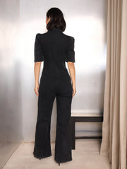 Women Black Washed Denim Front Button Jumpsuit-SFJMPS8347