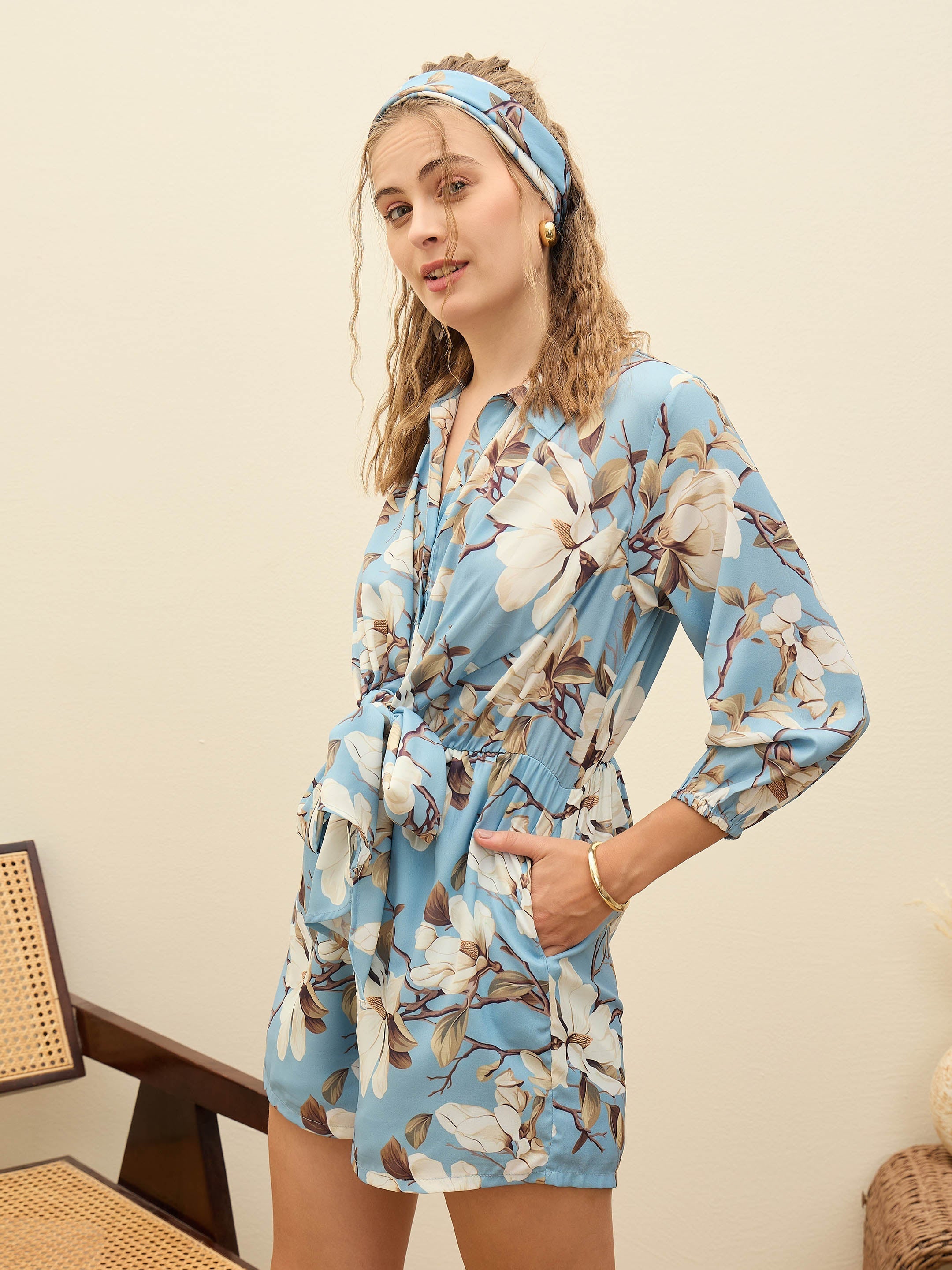Women Blue Floral Tie-Knot Playsuit-SFJMPS8350