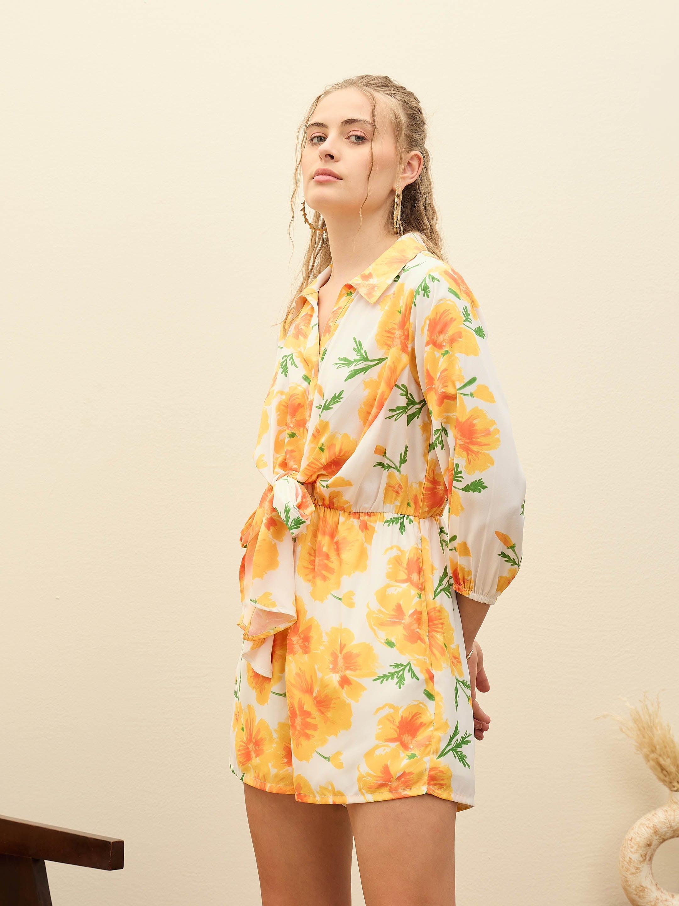Women Yellow Floral Tie-Knot Playsuit-SFJMPS8351