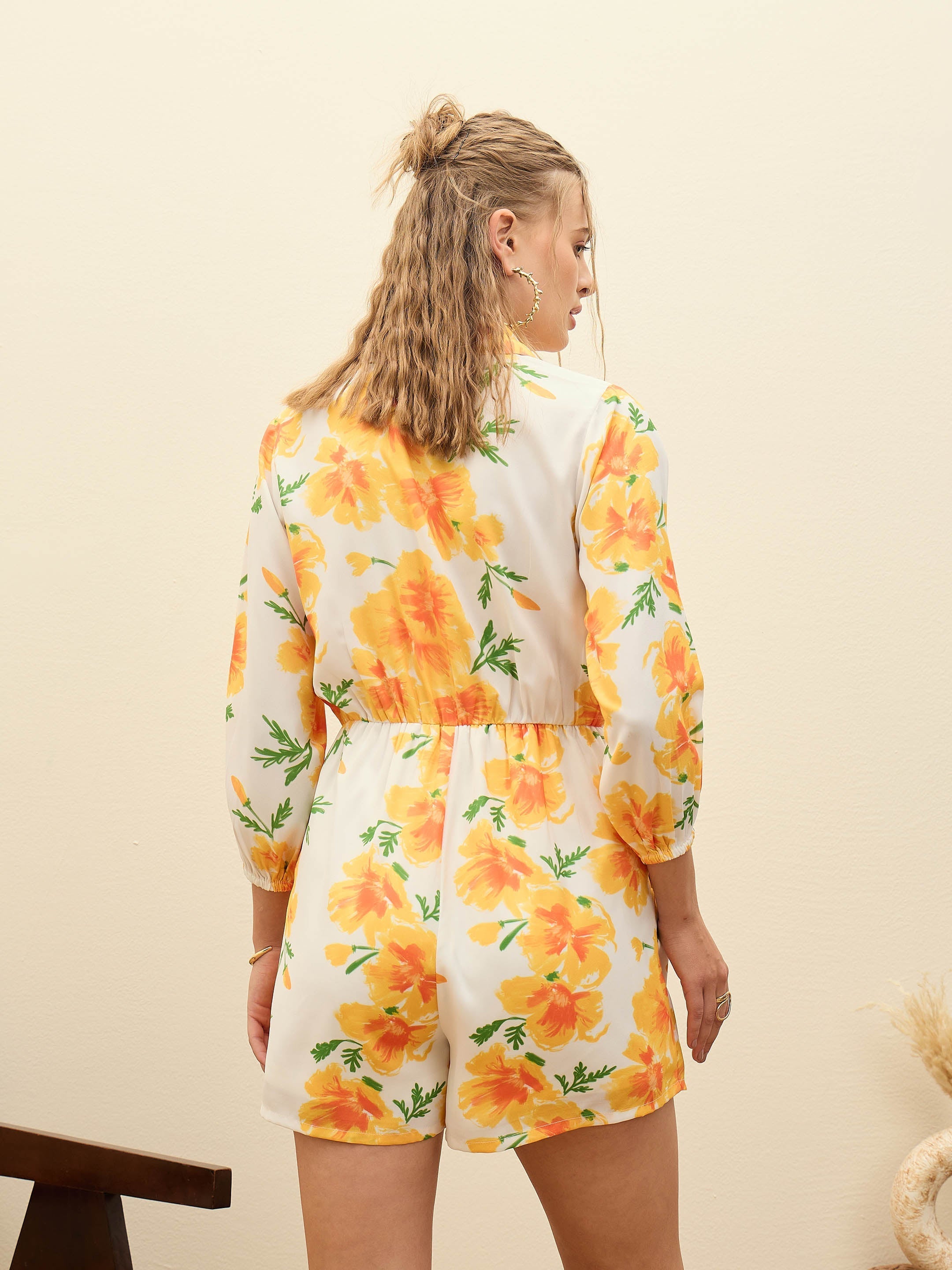 Women Yellow Floral Tie-Knot Playsuit-SFJMPS8351