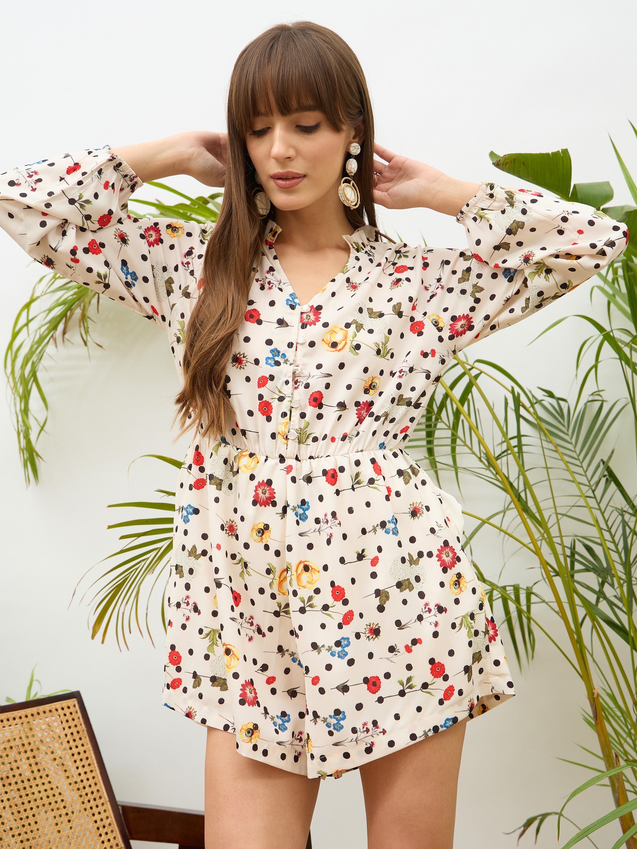 Women Beige Ditsy Floral Balloon Sleeves Playsuit-SFJMPS8352