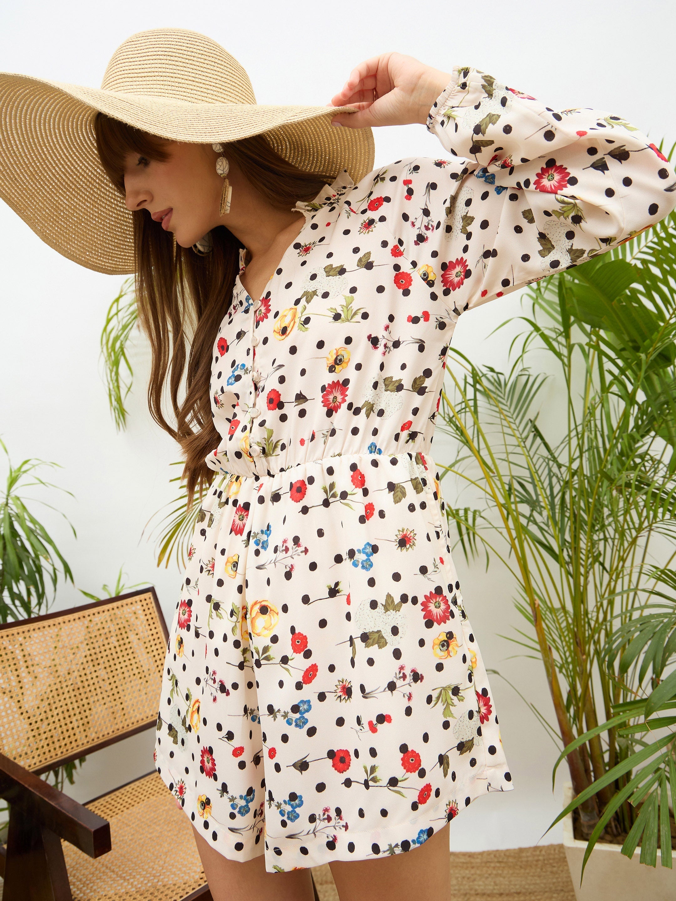 Women Beige Ditsy Floral Balloon Sleeves Playsuit-SFJMPS8352