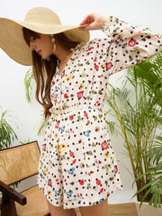 Women Beige Ditsy Floral Balloon Sleeves Playsuit-SFJMPS8352
