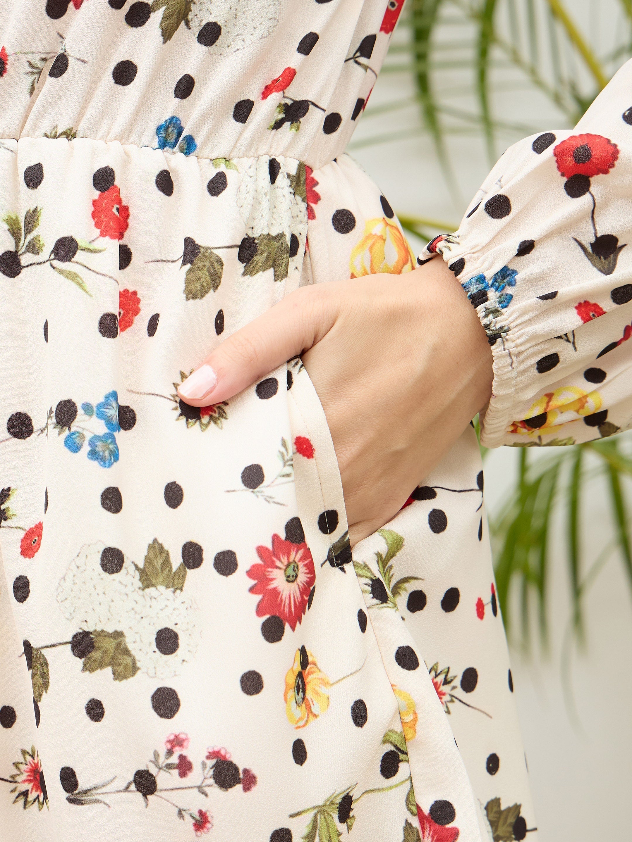 Women Beige Ditsy Floral Balloon Sleeves Playsuit-SFJMPS8352