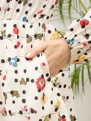Women Beige Ditsy Floral Balloon Sleeves Playsuit-SFJMPS8352