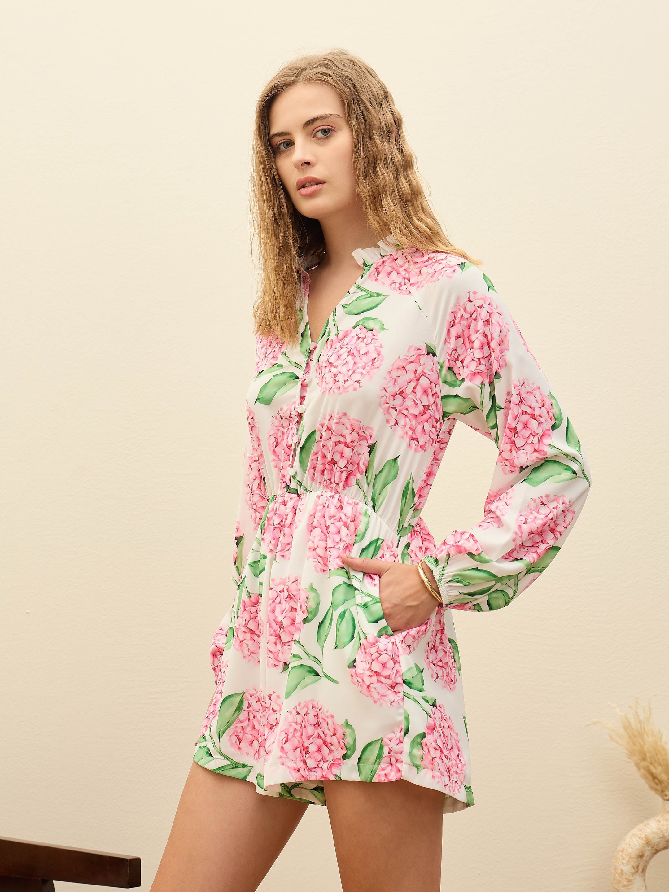 Women White Floral Balloon Sleeves Playsuit-SFJMPS8353