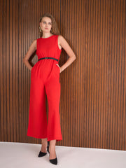 Women Red Belted Jumpsuit-SFJMPS8355