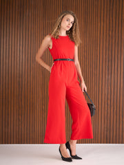 Women Red Belted Jumpsuit-SFJMPS8355