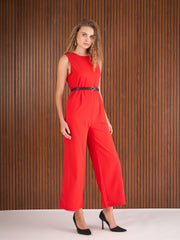Women Red Belted Jumpsuit-SFJMPS8355