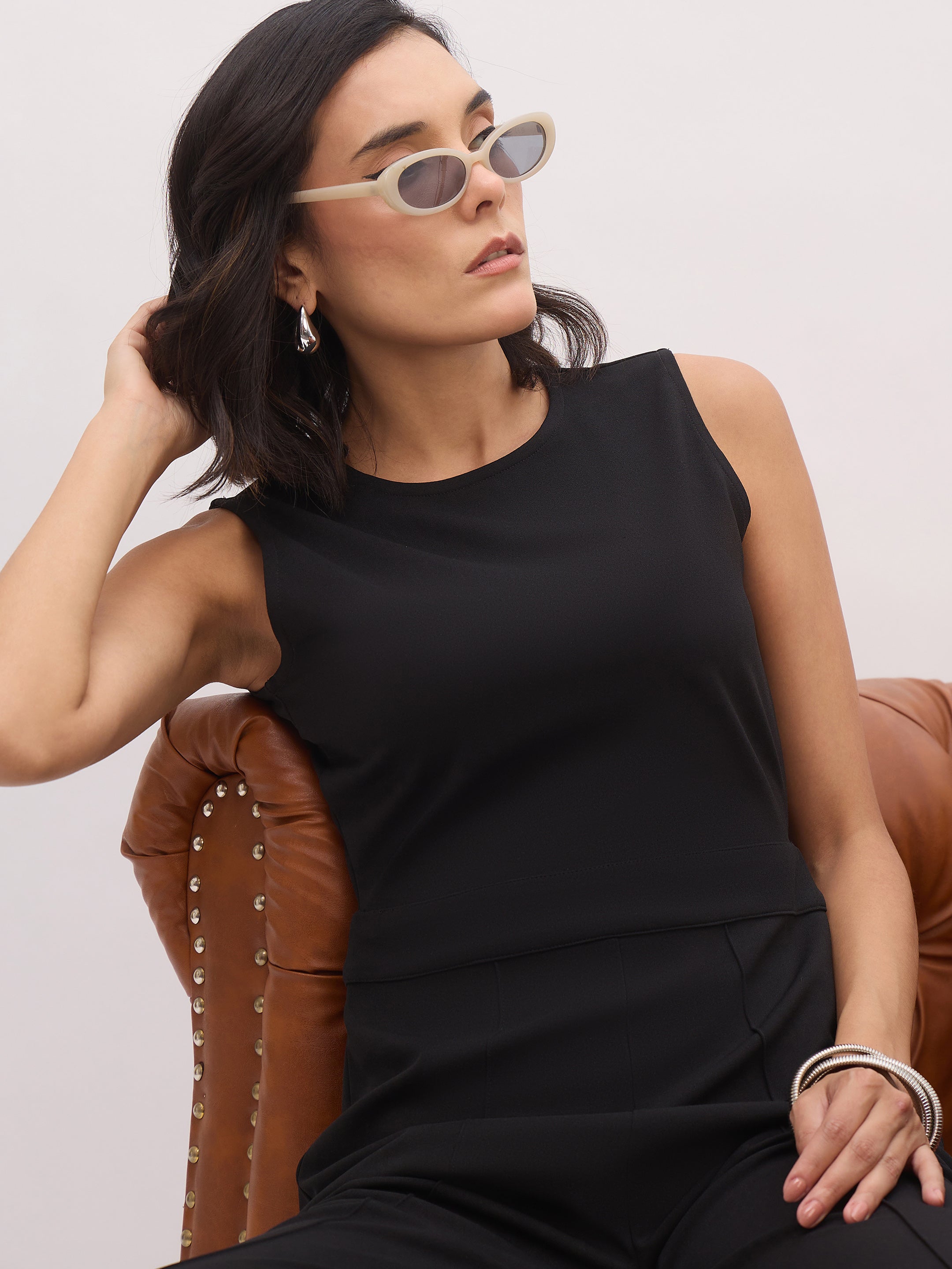 Women Black Sleeveless Round Neck Jumpsuit-SFJMPS8357