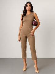 Women Dark Beige Sleeveless Round Neck Jumpsuit-SFJMPS8358