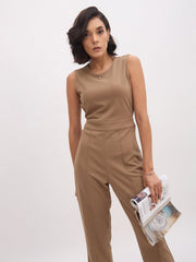 Women Dark Beige Sleeveless Round Neck Jumpsuit-SFJMPS8358