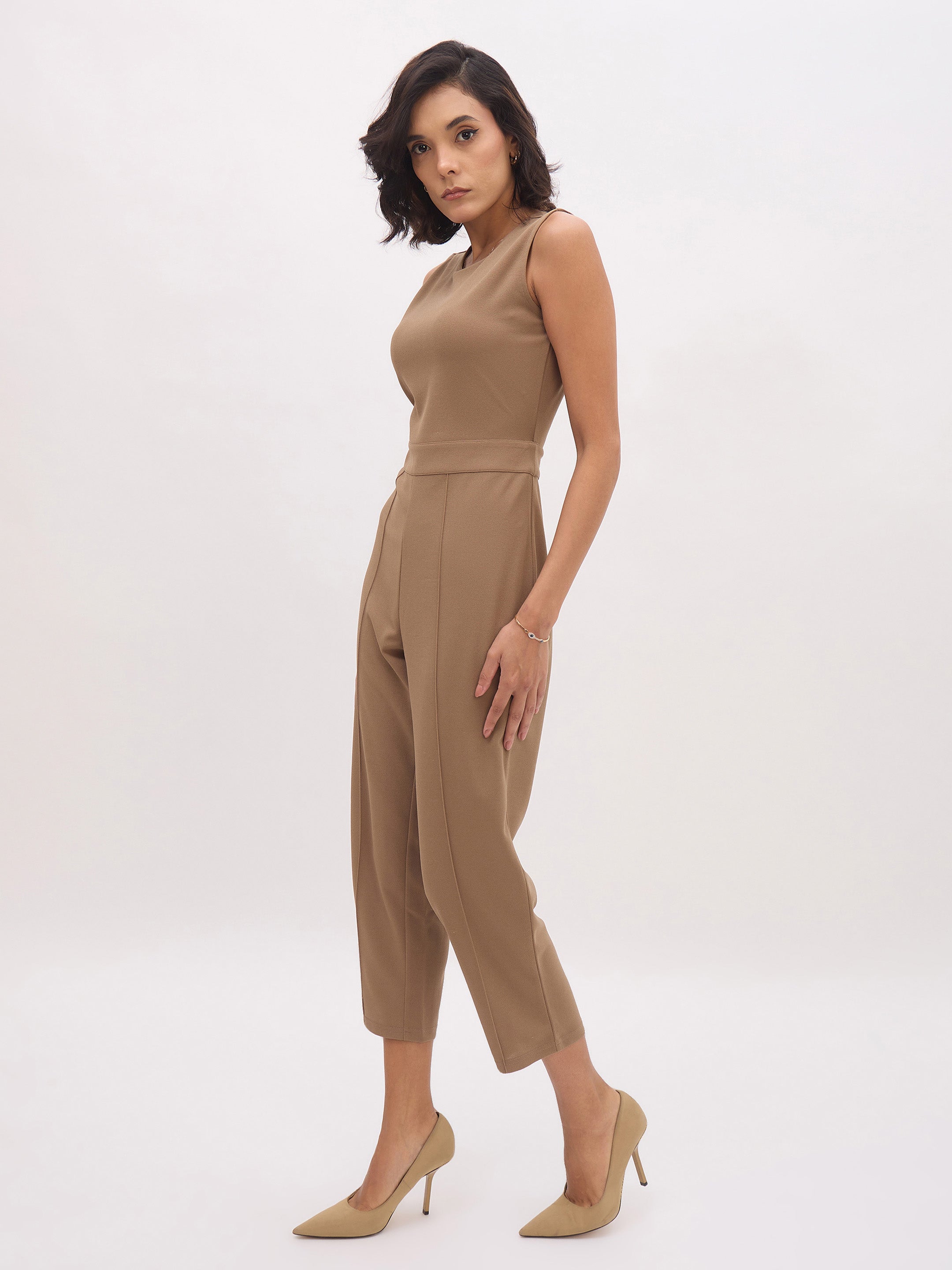 Women Dark Beige Sleeveless Round Neck Jumpsuit-SFJMPS8358