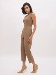 Women Dark Beige Sleeveless Round Neck Jumpsuit-SFJMPS8358