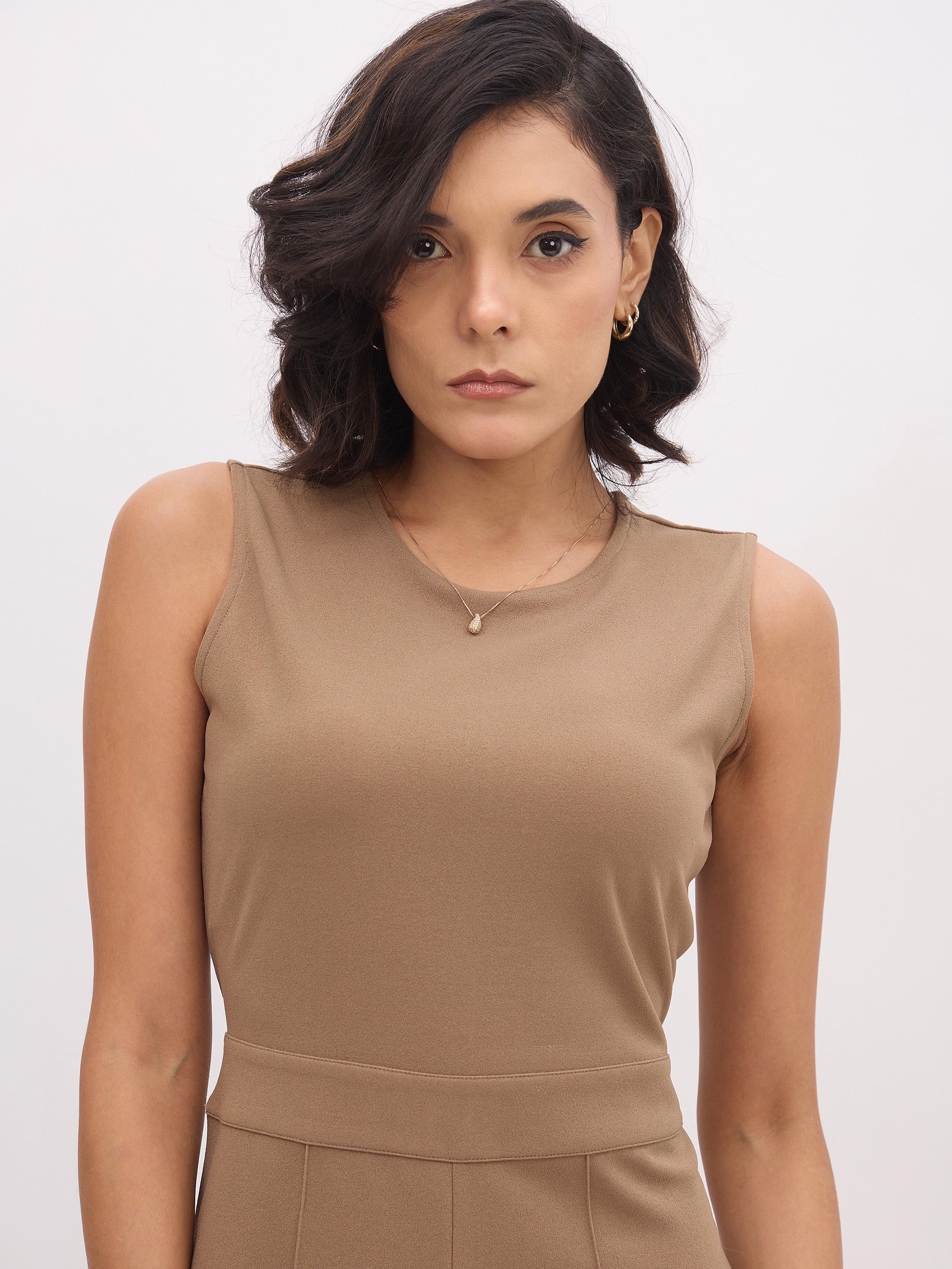 Women Dark Beige Sleeveless Round Neck Jumpsuit-SFJMPS8358