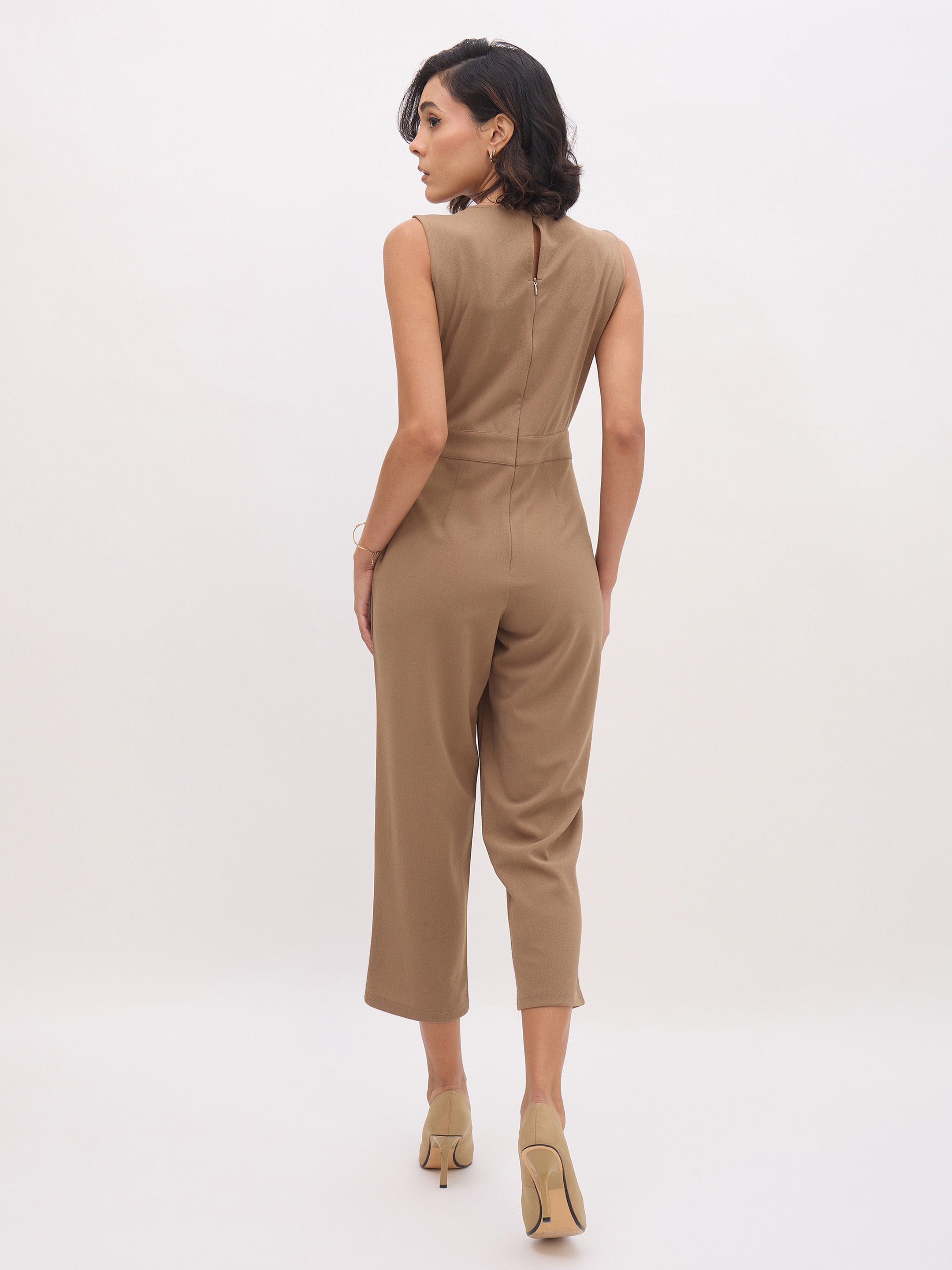 Women Dark Beige Sleeveless Round Neck Jumpsuit-SFJMPS8358