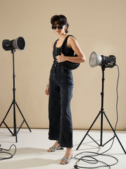 Women Black Washed Button Down Strappy Jumpsuit-SFJMPS8360