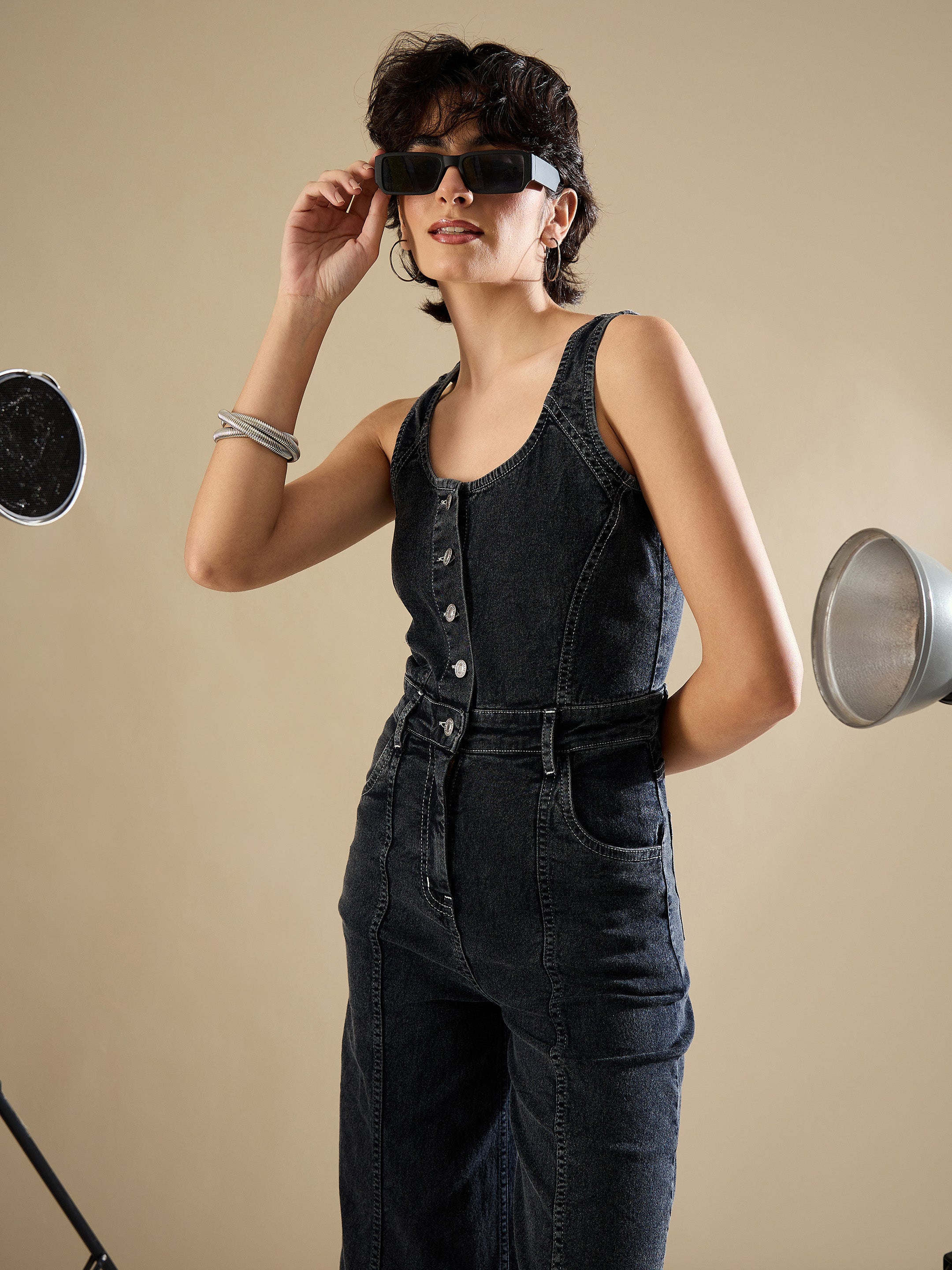 Women Black Washed Button Down Strappy Jumpsuit-SFJMPS8360