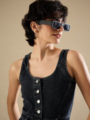 Women Black Washed Button Down Strappy Jumpsuit-SFJMPS8360