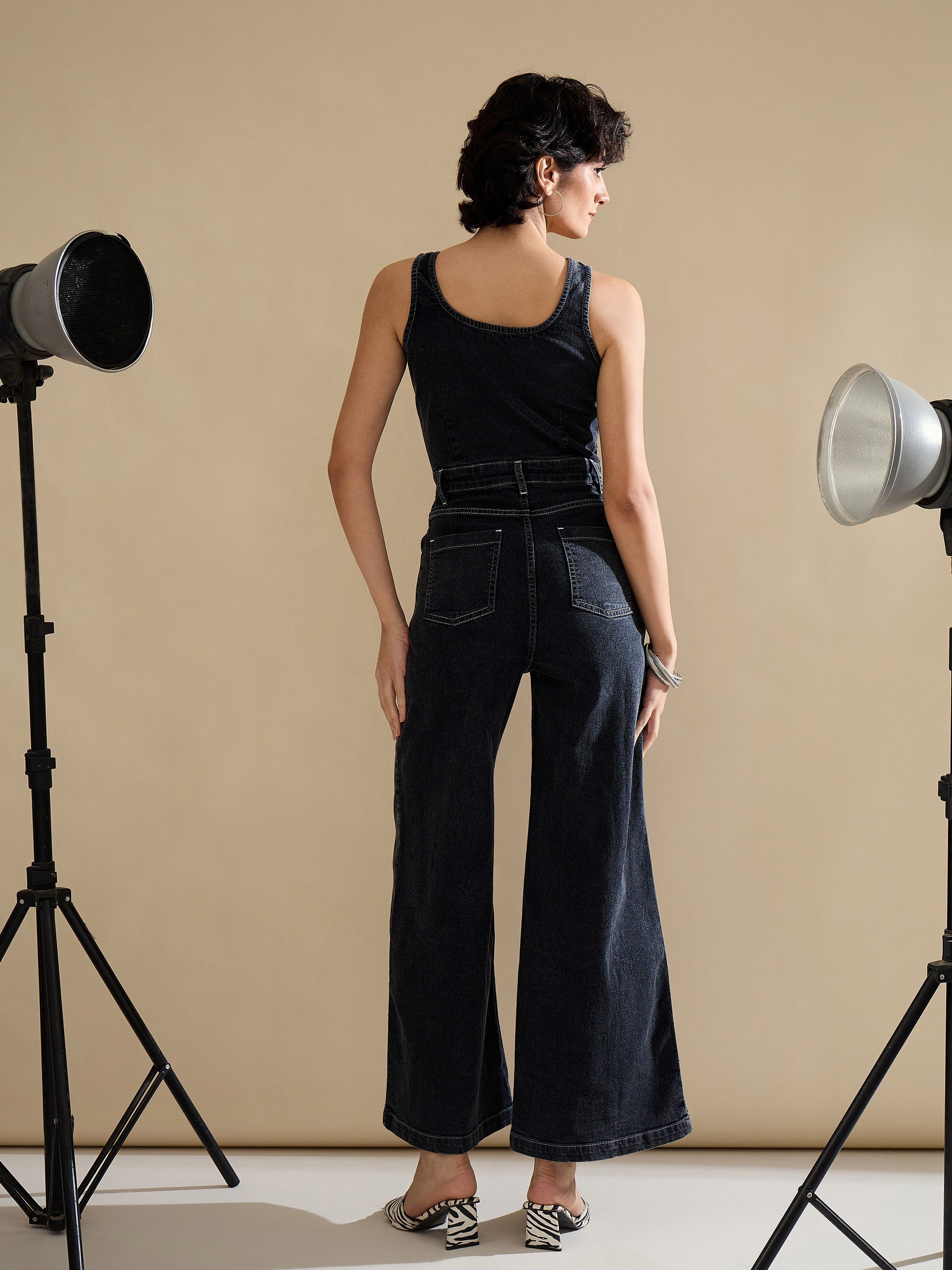Women Black Washed Button Down Strappy Jumpsuit-SFJMPS8360
