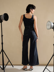 Women Black Washed Button Down Strappy Jumpsuit-SFJMPS8360