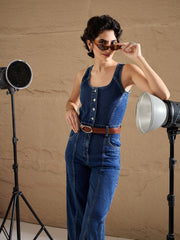 Women Blue Washed Button Down Strappy Jumpsuit-SFJMPS8361