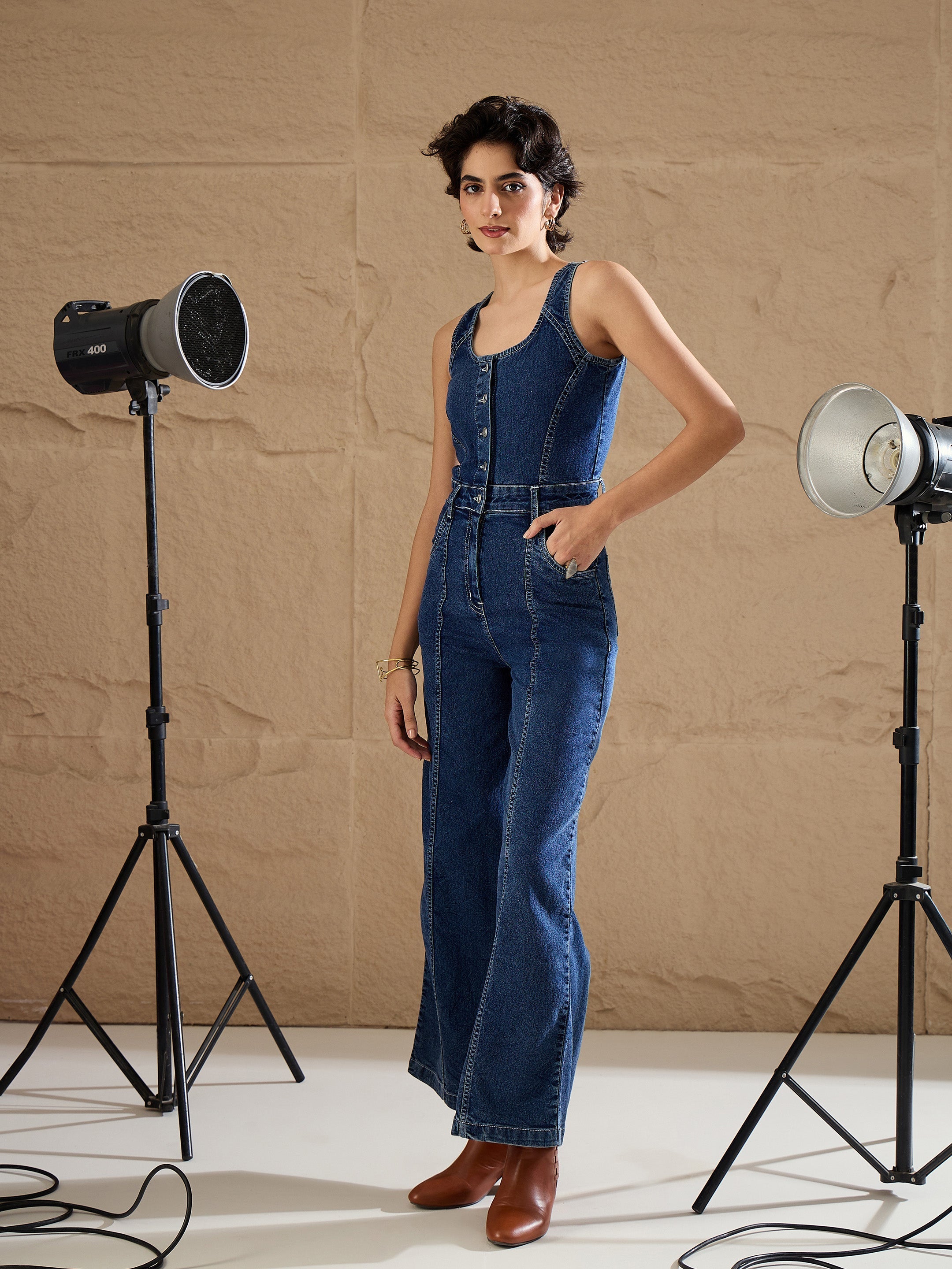 Women Blue Washed Button Down Strappy Jumpsuit-SFJMPS8361