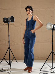 Women Blue Washed Button Down Strappy Jumpsuit-SFJMPS8361