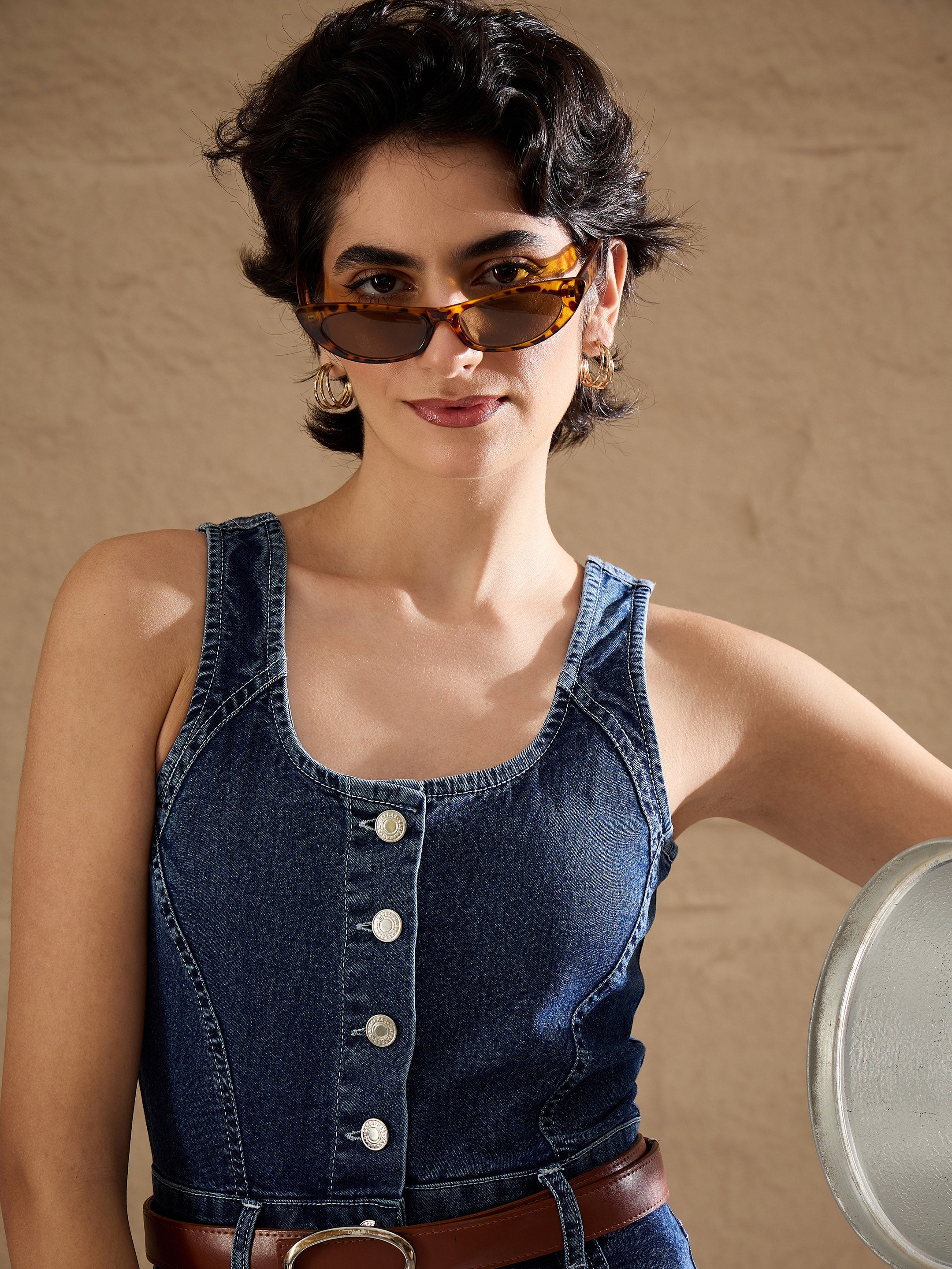 Women Blue Washed Button Down Strappy Jumpsuit-SFJMPS8361